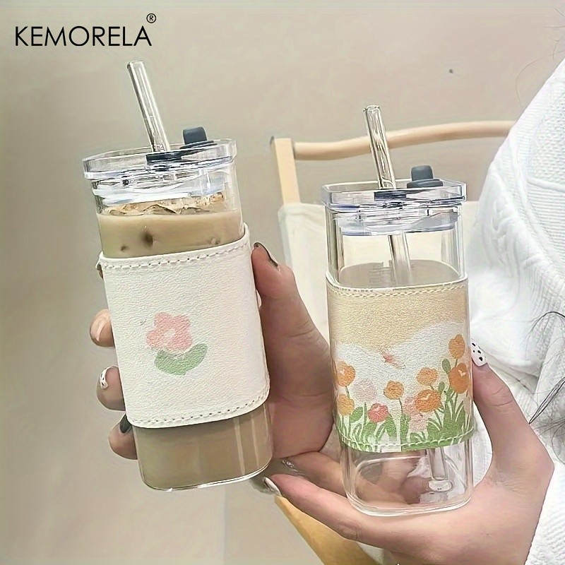 KEMORELA 380ml Portable Rectangular Glass Cup with Lid & Straw (4/6pcs) – Heat-Resistant, Durable & Travel-Friendly Drinkware