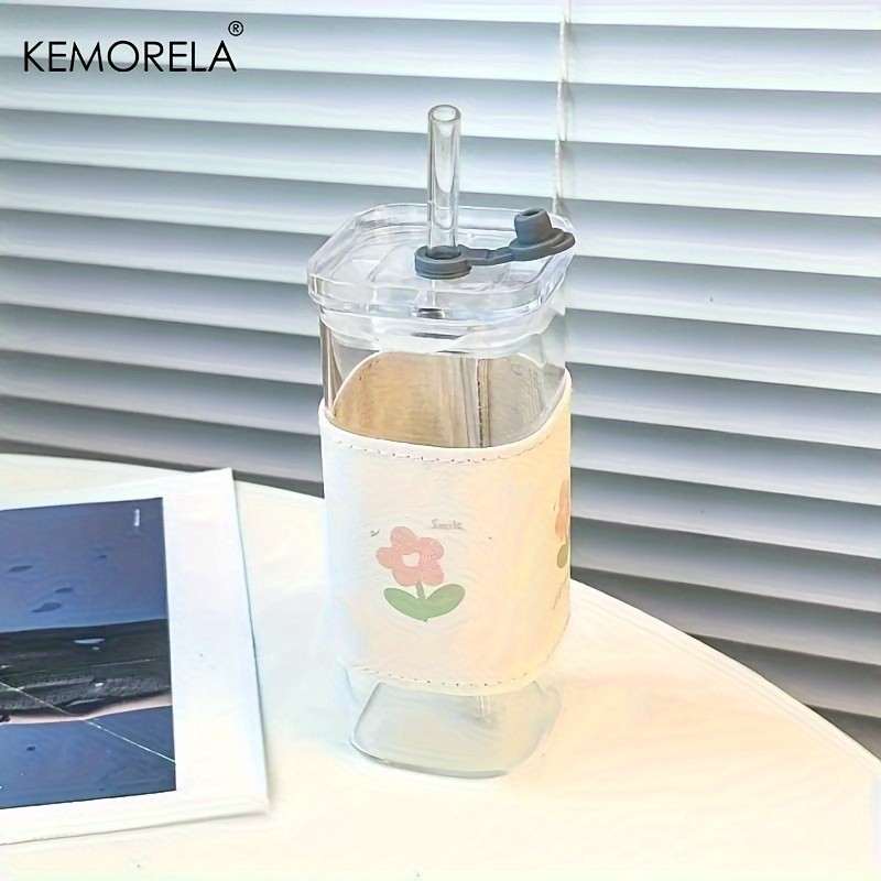 KEMORELA 380ml Portable Rectangular Glass Cup with Lid & Straw (4/6pcs) – Heat-Resistant, Durable & Travel-Friendly Drinkware