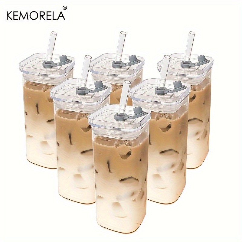 KEMORELA 380ml Portable Rectangular Glass Cup with Lid & Straw (4/6pcs) – Heat-Resistant, Durable & Travel-Friendly Drinkware