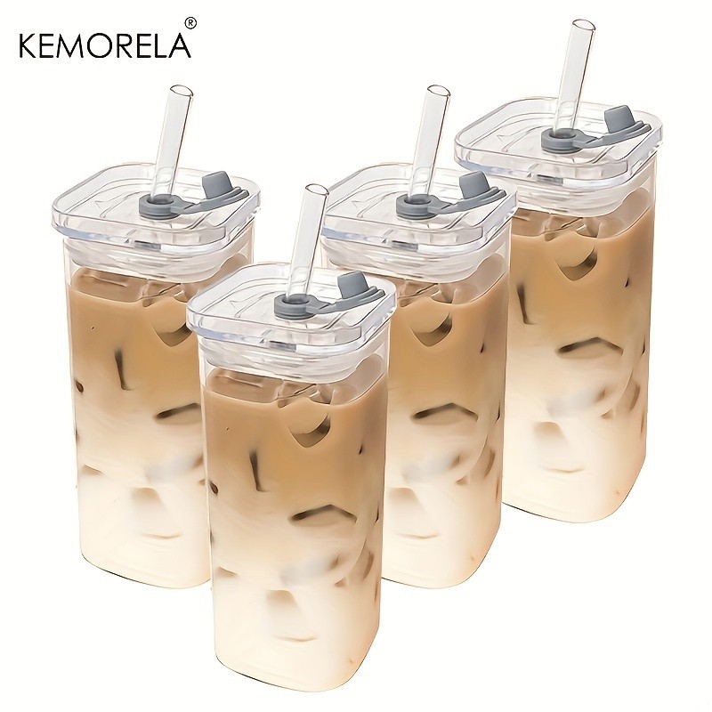 KEMORELA 380ml Portable Rectangular Glass Cup with Lid & Straw (4/6pcs) – Heat-Resistant, Durable & Travel-Friendly Drinkware