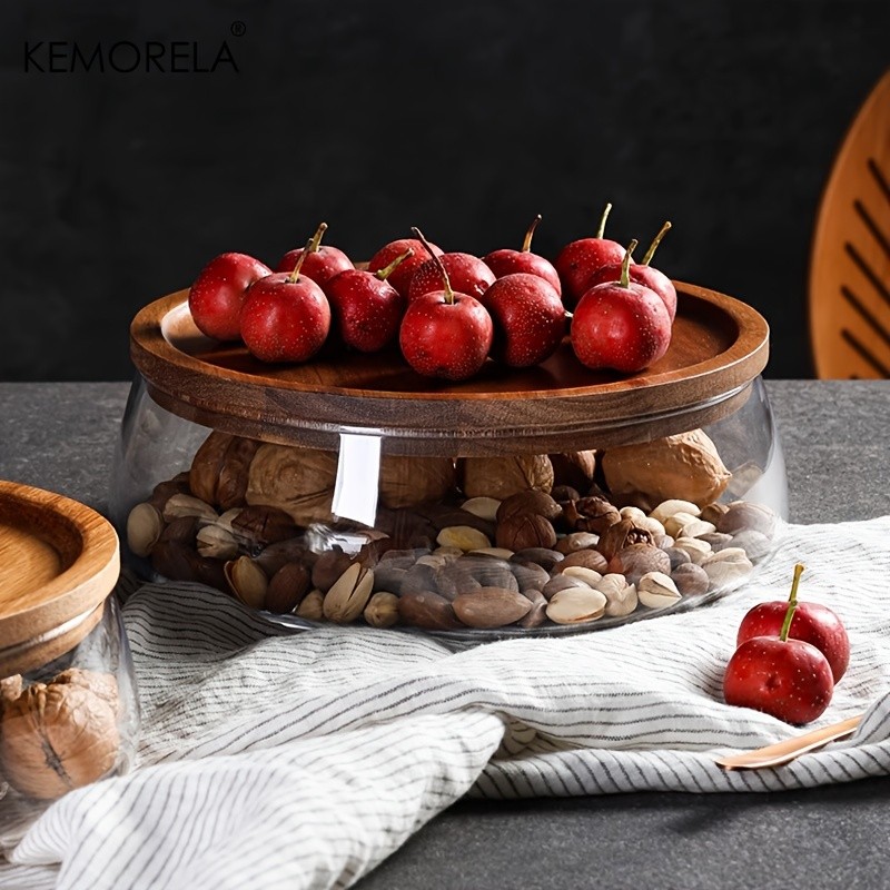 KEMORELA Double Layer Glass Bowl with Wooden Lid – Food-Safe Storage Container for Snacks, Fruits, Nuts & Holiday Décor