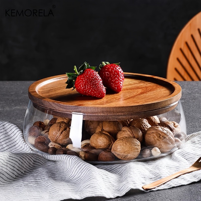 KEMORELA Double Layer Glass Bowl with Wooden Lid – Food-Safe Storage Container for Snacks, Fruits, Nuts & Holiday Décor