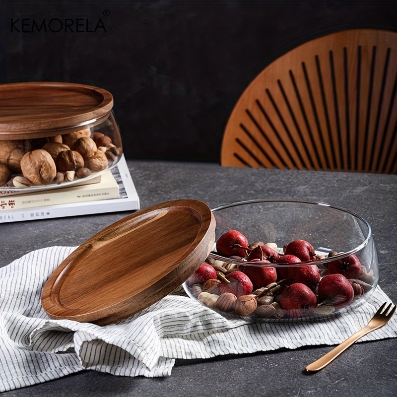 KEMORELA Double Layer Glass Bowl with Wooden Lid – Food-Safe Storage Container for Snacks, Fruits, Nuts & Holiday Décor