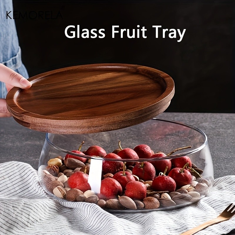 KEMORELA Double Layer Glass Bowl with Wooden Lid – Food-Safe Storage Container for Snacks, Fruits, Nuts & Holiday Décor