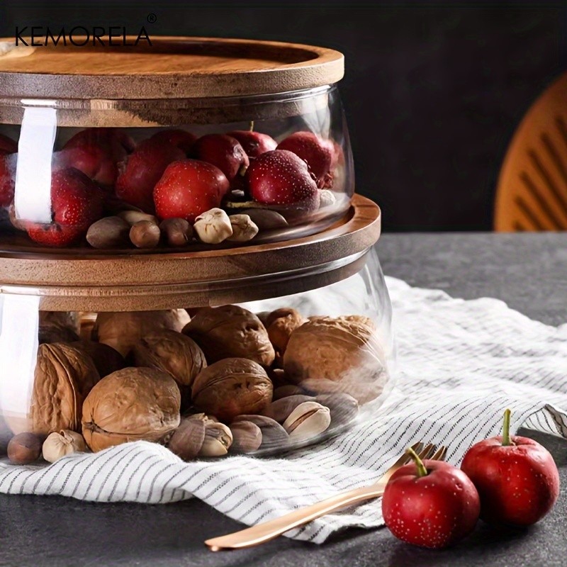 KEMORELA Double Layer Glass Bowl with Wooden Lid – Food-Safe Storage Container for Snacks, Fruits, Nuts & Holiday Décor