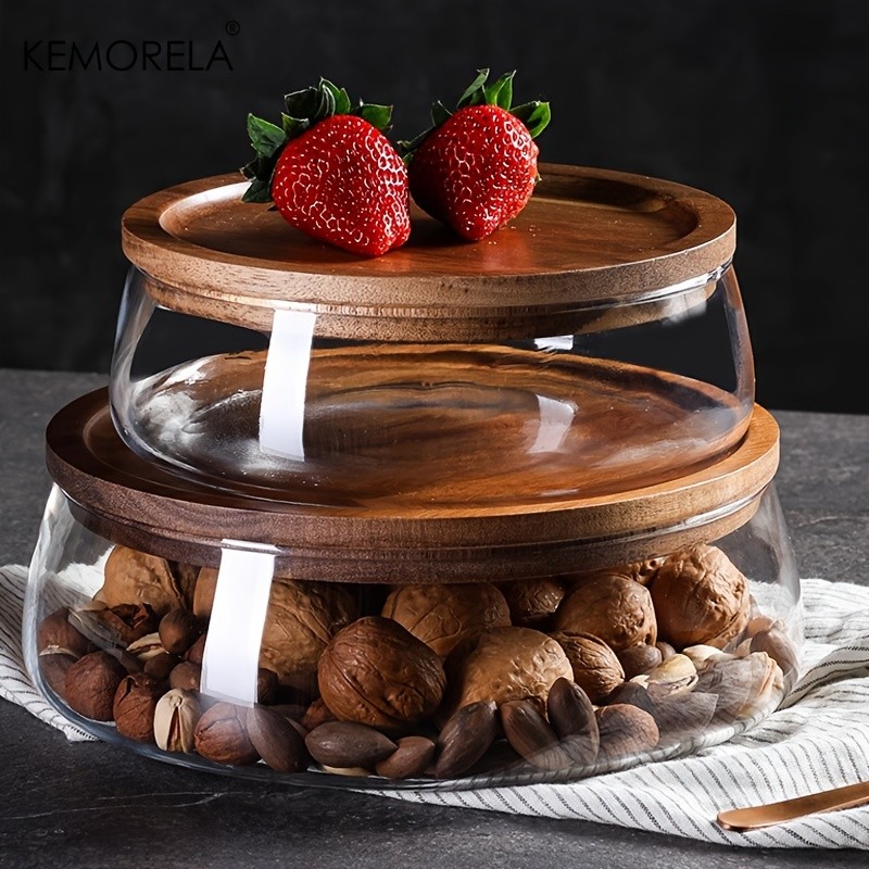 KEMORELA Double Layer Glass Bowl with Wooden Lid – Food-Safe Storage Container for Snacks, Fruits, Nuts & Holiday Décor