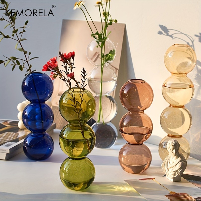 KEMORELA Set of 2 Ball-Shaped Glass Vases – Amber Decorative Vases for Living Room, Tabletop & Event Decor