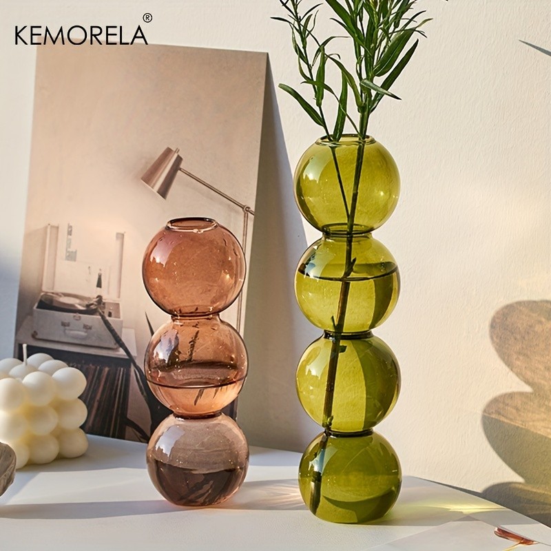 KEMORELA Set of 2 Ball-Shaped Glass Vases – Amber Decorative Vases for Living Room, Tabletop & Event Decor