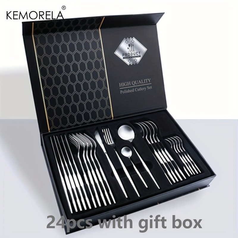KEMORELA 24pcs Stainless Steel Utensil Collection – Premium Knife, Fork & Spoon Cutlery Set (Dishwasher-Safe)