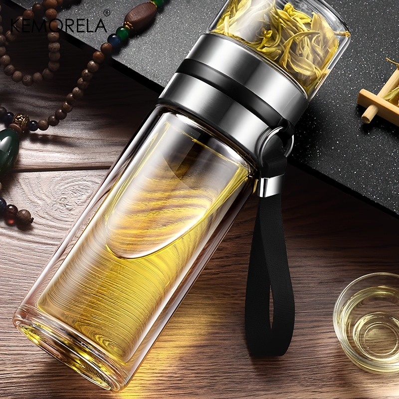 KEMORELA Double-Layer Glass Tea Brewing Bottle – Leak-Proof Travel Cup with Water & Tea Separation Design
