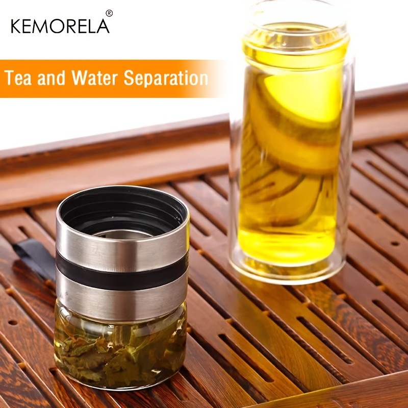 KEMORELA Double-Layer Glass Tea Brewing Bottle – Leak-Proof Travel Cup with Water & Tea Separation Design