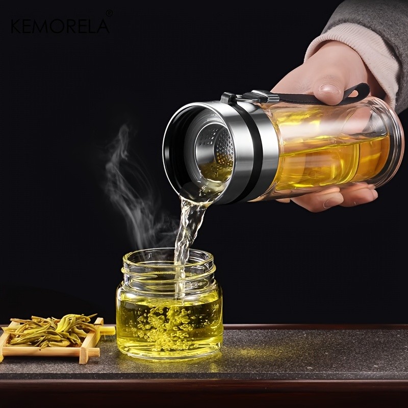 KEMORELA Double-Layer Glass Tea Brewing Bottle – Leak-Proof Travel Cup with Water & Tea Separation Design