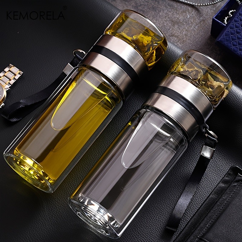 KEMORELA Double-Layer Glass Tea Brewing Bottle – Leak-Proof Travel Cup with Water & Tea Separation Design