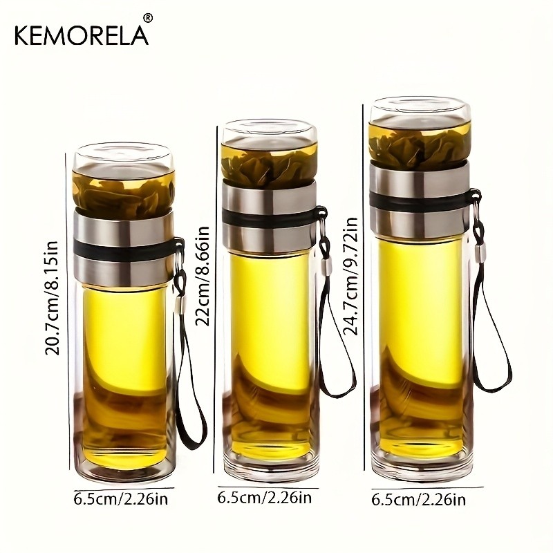 KEMORELA Double-Layer Glass Tea Brewing Bottle – Leak-Proof Travel Cup with Water & Tea Separation Design