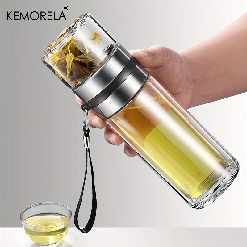 KEMORELA Double-Layer Glass Tea Brewing Bottle – Leak-Proof Travel Cup with Water & Tea Separation Design