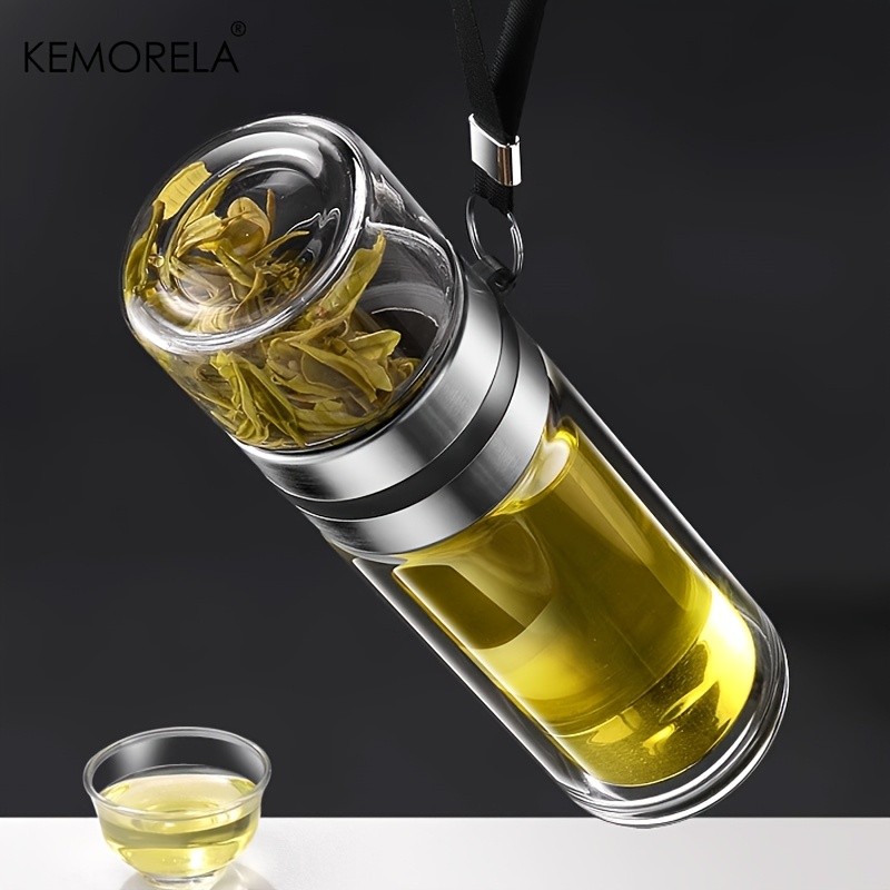 KEMORELA Double-Layer Glass Tea Brewing Bottle – Leak-Proof Travel Cup with Water & Tea Separation Design