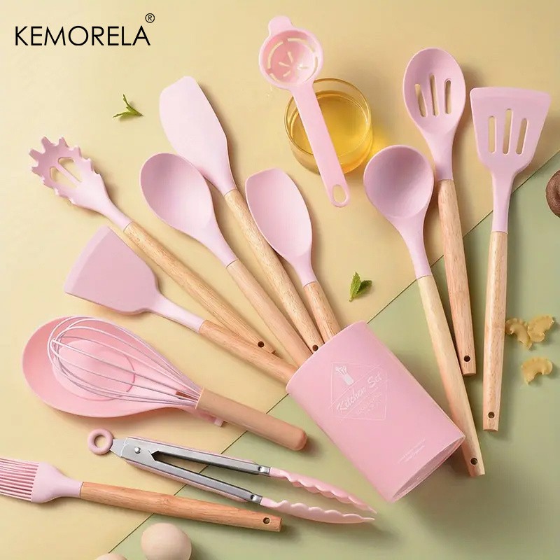 KEMORELA 14pcs Silicone Utensil Set – Food-Safe Non-Stick Cooking Tools with Wooden Handles & Colorful Storage Buckets