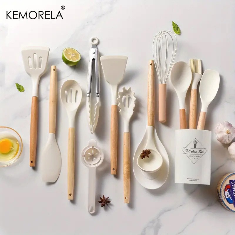 KEMORELA 14pcs Silicone Utensil Set – Food-Safe Non-Stick Cooking Tools with Wooden Handles & Colorful Storage Buckets