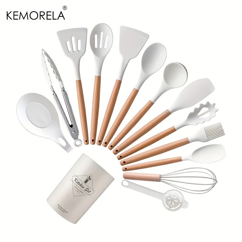KEMORELA 14pcs Silicone Utensil Set – Food-Safe Non-Stick Cooking Tools with Wooden Handles & Colorful Storage Buckets
