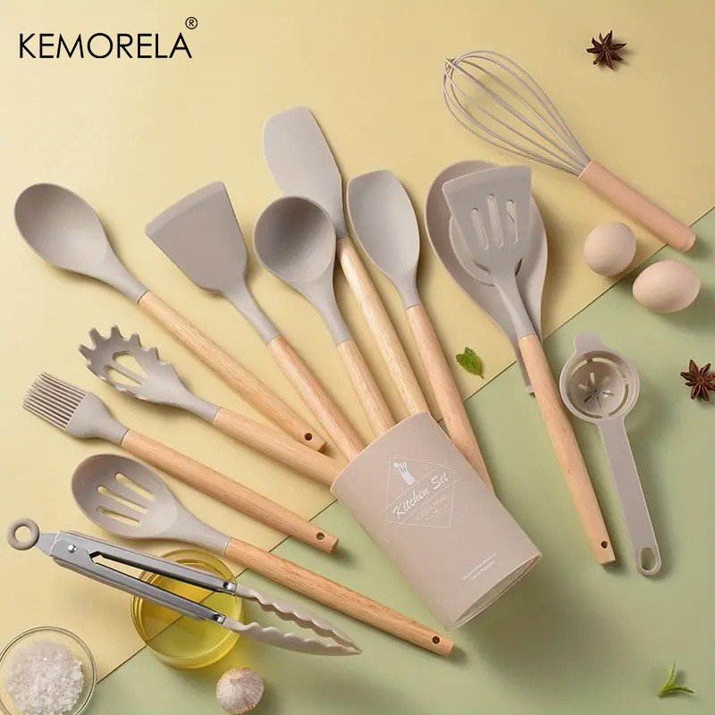 KEMORELA 14pcs Silicone Utensil Set – Food-Safe Non-Stick Cooking Tools with Wooden Handles & Colorful Storage Buckets