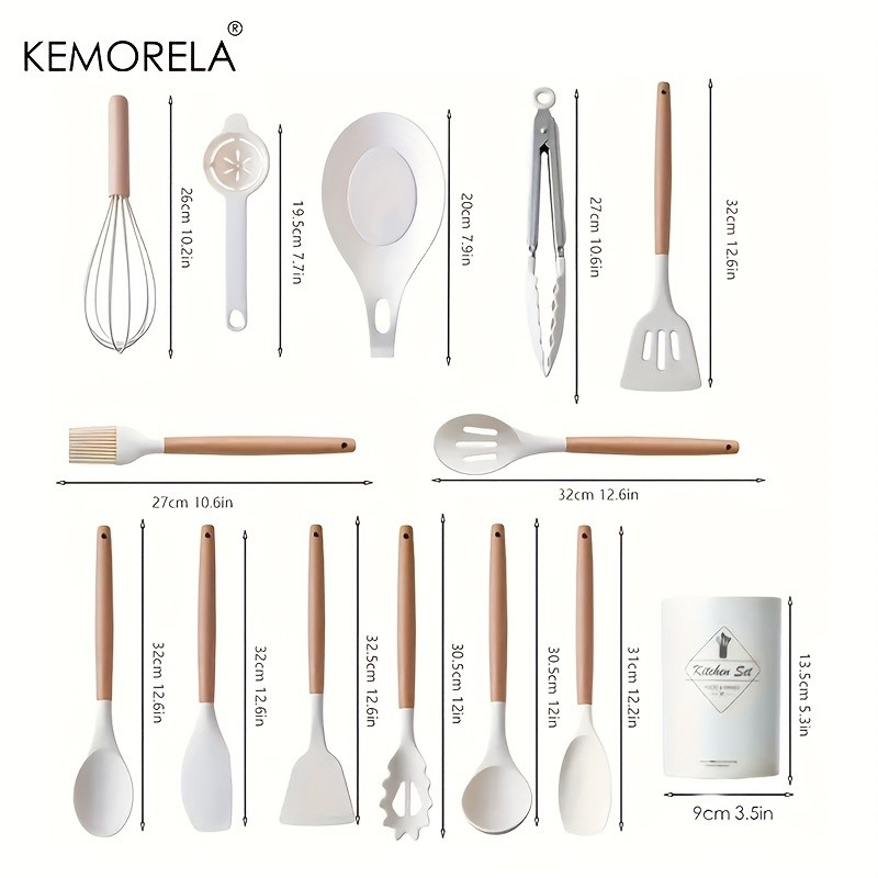 KEMORELA 14pcs Silicone Utensil Set – Food-Safe Non-Stick Cooking Tools with Wooden Handles & Colorful Storage Buckets
