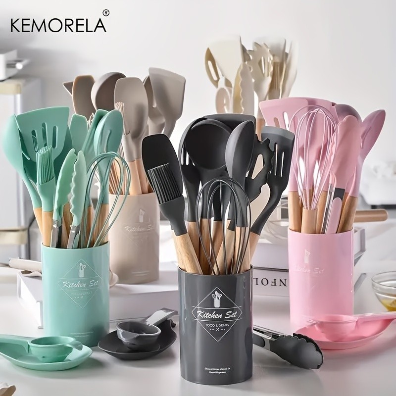 KEMORELA 14pcs Silicone Utensil Set – Food-Safe Non-Stick Cooking Tools with Wooden Handles & Colorful Storage Buckets