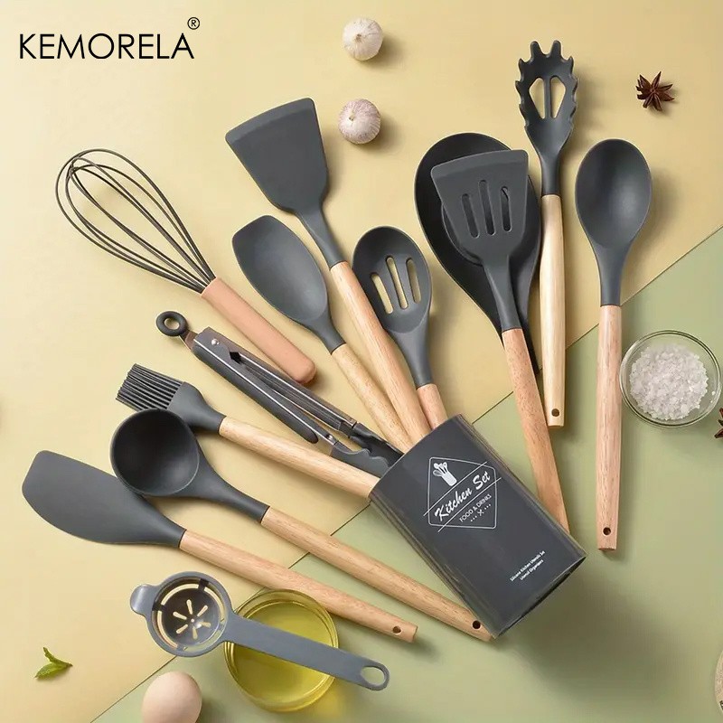 KEMORELA 14pcs Silicone Utensil Set – Food-Safe Non-Stick Cooking Tools with Wooden Handles & Colorful Storage Buckets