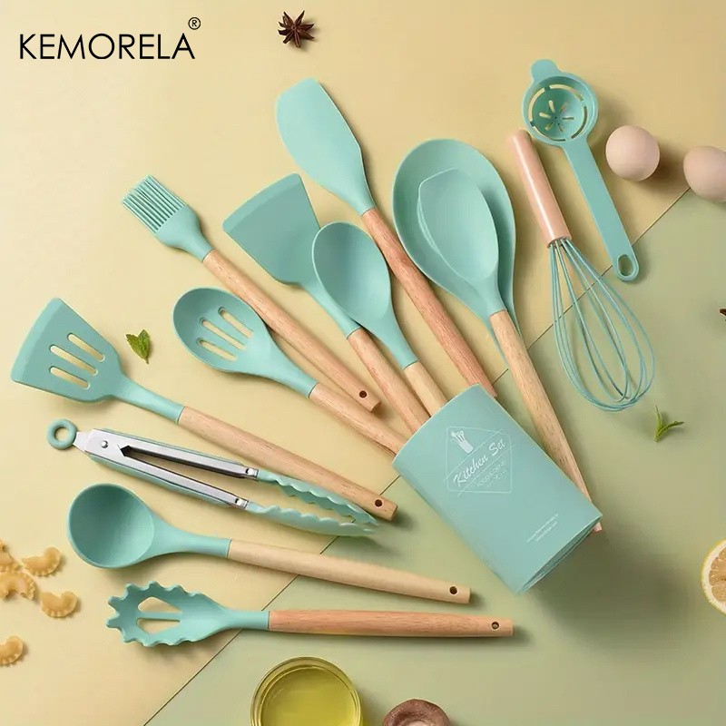 KEMORELA 14pcs Silicone Utensil Set – Food-Safe Non-Stick Cooking Tools with Wooden Handles & Colorful Storage Buckets