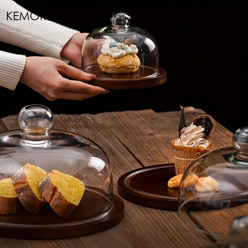 KEMORELA Wooden Round Dessert Plate with Glass Dome – Natural Wood Serving Tray for Cakes, Fruits & Snacks