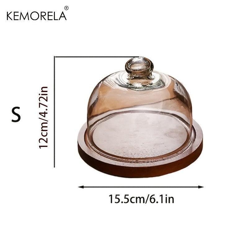 KEMORELA Wooden Round Dessert Plate with Glass Dome – Natural Wood Serving Tray for Cakes, Fruits & Snacks