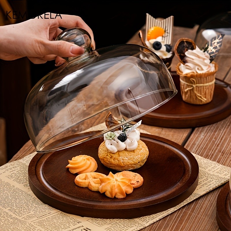 KEMORELA Wooden Round Dessert Plate with Glass Dome – Natural Wood Serving Tray for Cakes, Fruits & Snacks