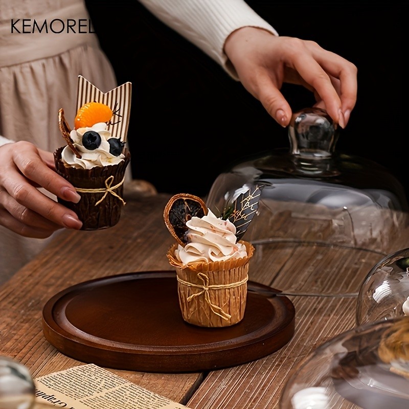 KEMORELA Wooden Round Dessert Plate with Glass Dome – Natural Wood Serving Tray for Cakes, Fruits & Snacks