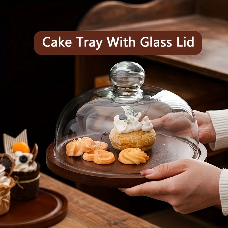 KEMORELA Wooden Round Dessert Plate with Glass Dome – Natural Wood Serving Tray for Cakes, Fruits & Snacks