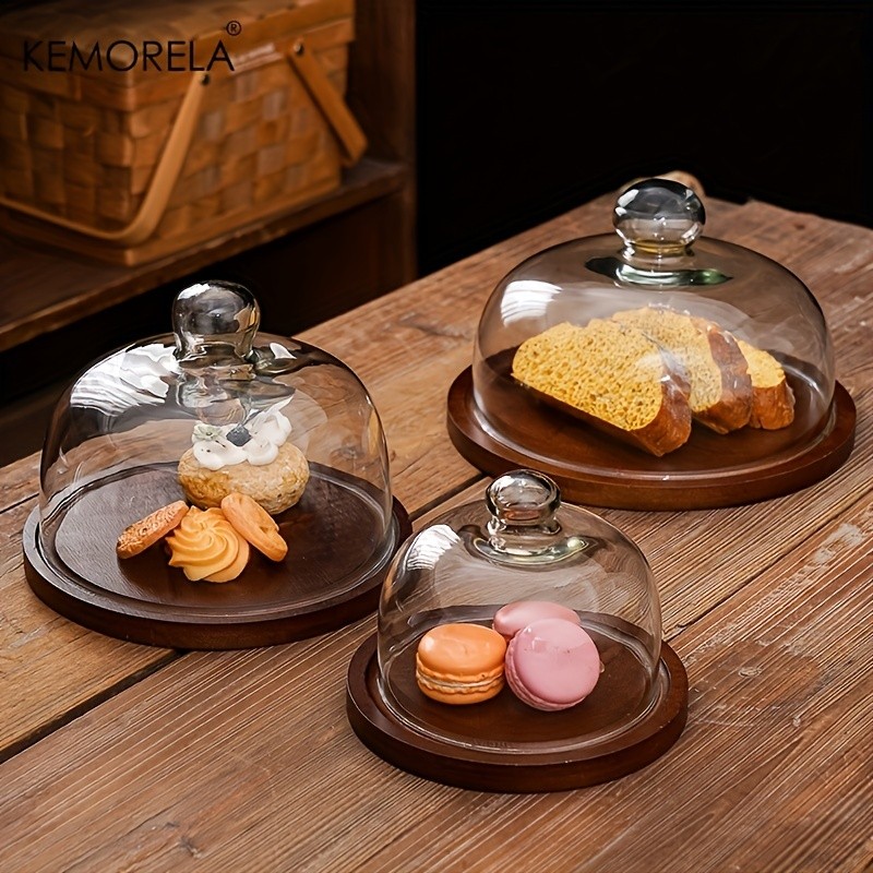 KEMORELA Wooden Round Dessert Plate with Glass Dome – Natural Wood Serving Tray for Cakes, Fruits & Snacks