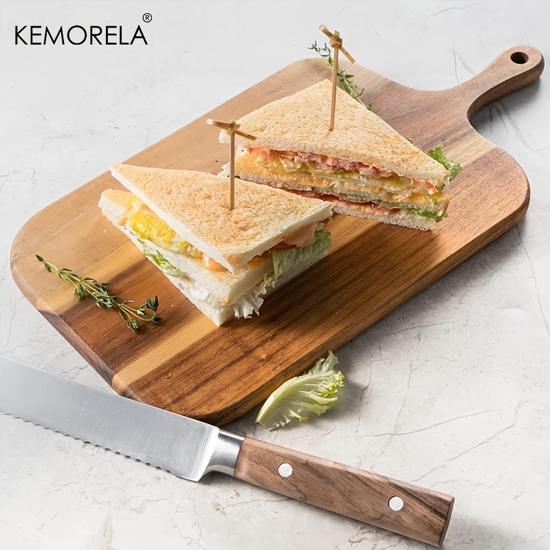 KEMORELA Acacia Wood Cutting Board with Handle – Extra Long Natural Grain Serving Board for Cheese, Charcuterie, Bread & Fruit