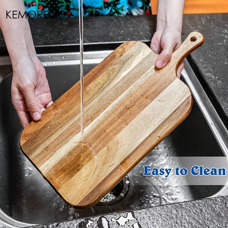 KEMORELA Acacia Wood Cutting Board with Handle – Extra Long Natural Grain Serving Board for Cheese, Charcuterie, Bread & Fruit