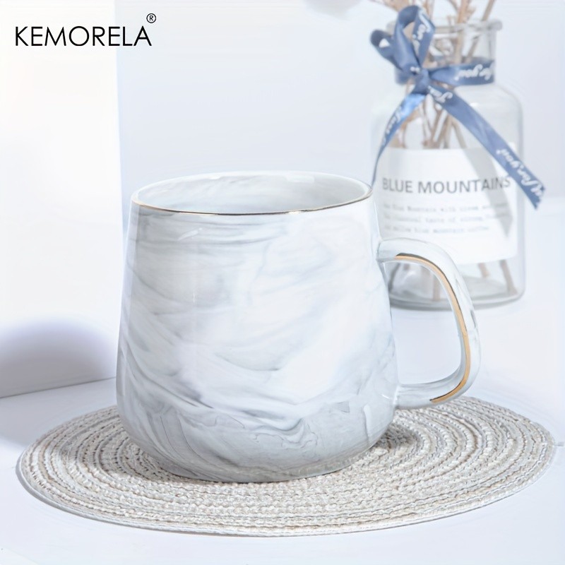 KEMORELA Golden-Trimmed Ceramic Coffee Mug (13.5oz/400ml) – Marble Texture Breakfast Cup for Coffee, Milk, Juice & Oatmeal