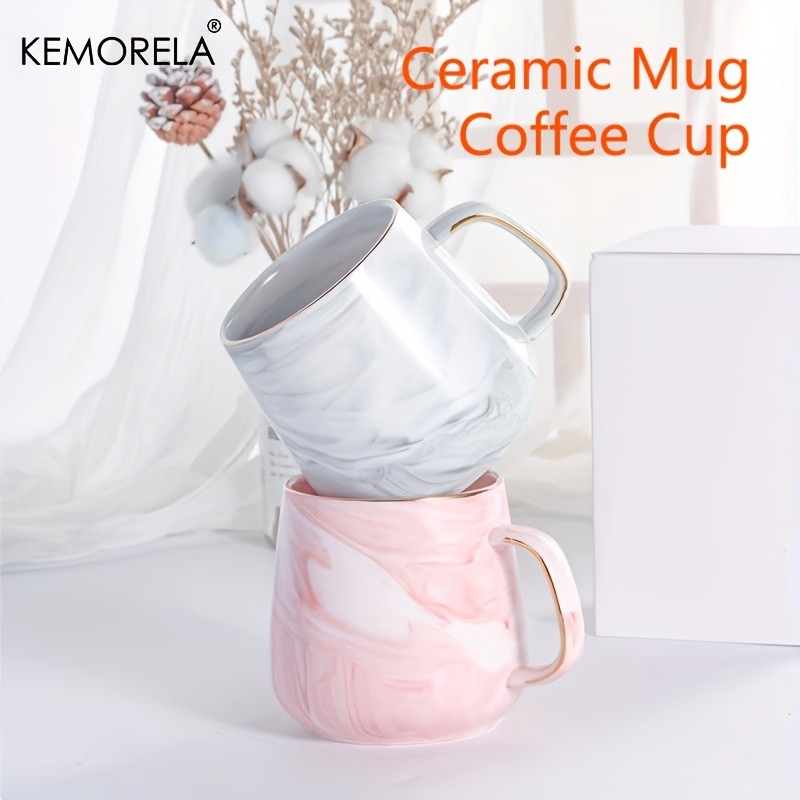 KEMORELA Golden-Trimmed Ceramic Coffee Mug (13.5oz/400ml) – Marble Texture Breakfast Cup for Coffee, Milk, Juice & Oatmeal