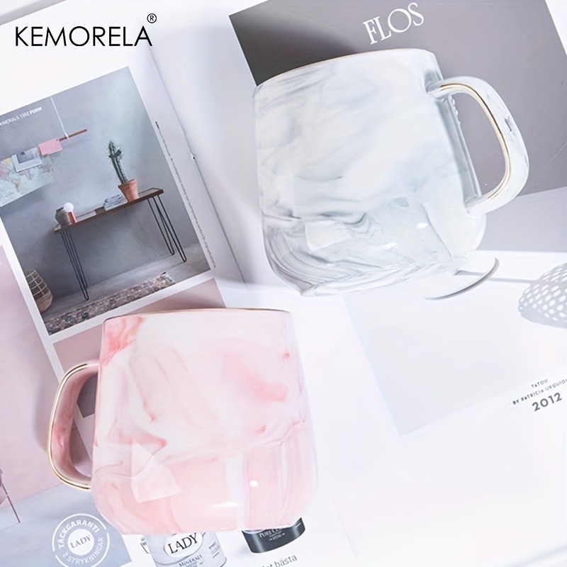 KEMORELA Golden-Trimmed Ceramic Coffee Mug (13.5oz/400ml) – Marble Texture Breakfast Cup for Coffee, Milk, Juice & Oatmeal