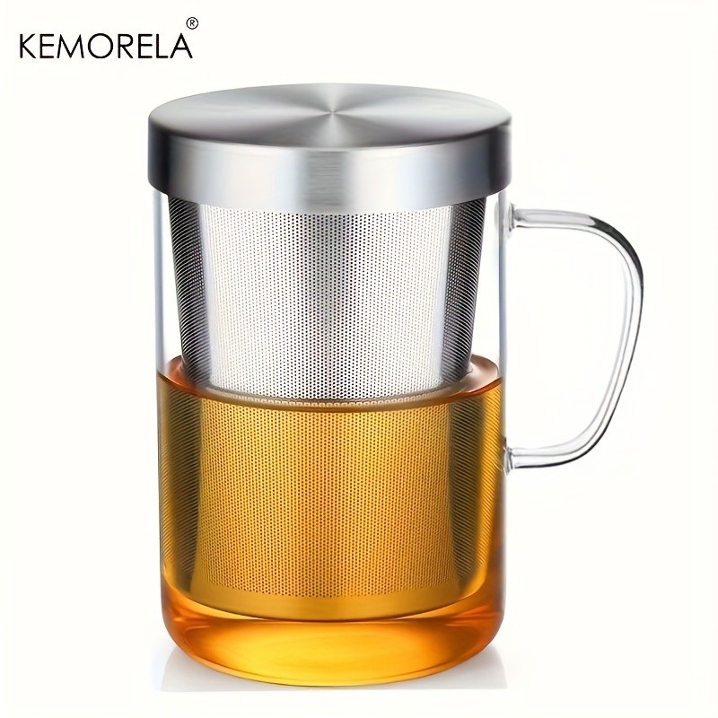 KEMORELA Heat-Resistant Borosilicate Glass Tea Mug (16.13oz) – Stainless Steel Infuser & Lid for Loose Leaf Tea