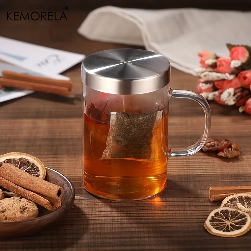 KEMORELA Heat-Resistant Borosilicate Glass Tea Mug (16.13oz) – Stainless Steel Infuser & Lid for Loose Leaf Tea