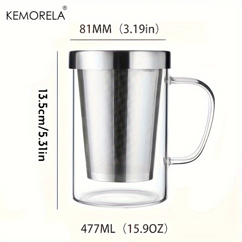 KEMORELA Heat-Resistant Borosilicate Glass Tea Mug (16.13oz) – Stainless Steel Infuser & Lid for Loose Leaf Tea