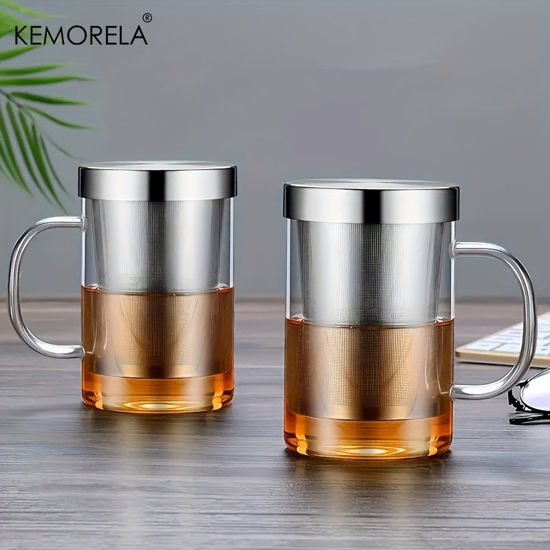 KEMORELA Heat-Resistant Borosilicate Glass Tea Mug (16.13oz) – Stainless Steel Infuser & Lid for Loose Leaf Tea