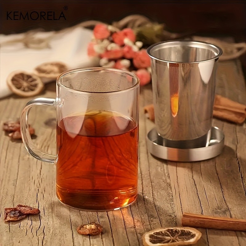 KEMORELA Heat-Resistant Borosilicate Glass Tea Mug (16.13oz) – Stainless Steel Infuser & Lid for Loose Leaf Tea