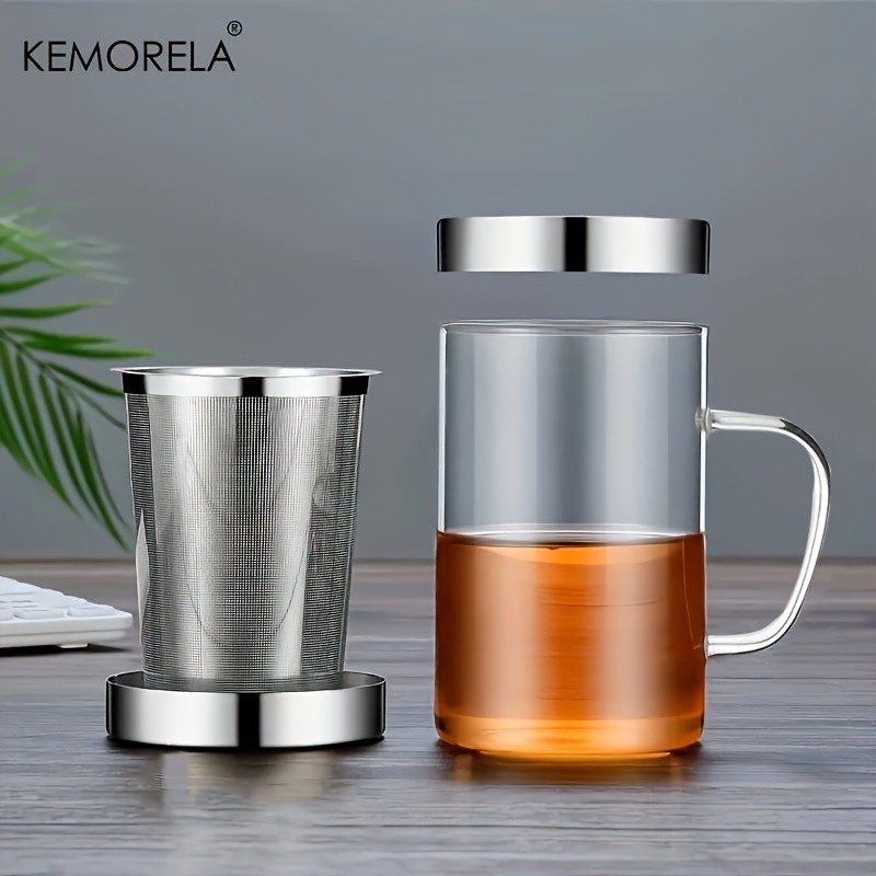 KEMORELA Heat-Resistant Borosilicate Glass Tea Mug (16.13oz) – Stainless Steel Infuser & Lid for Loose Leaf Tea