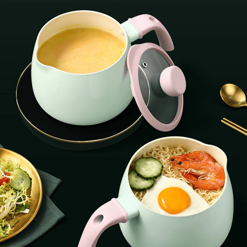 iWhale Ceramic Non-Stick 1.7QT Saucepan Skillet with Pink Handle & Glass Lid – Soft Green, PFAS-Free & Effortlessly Easy to Clean