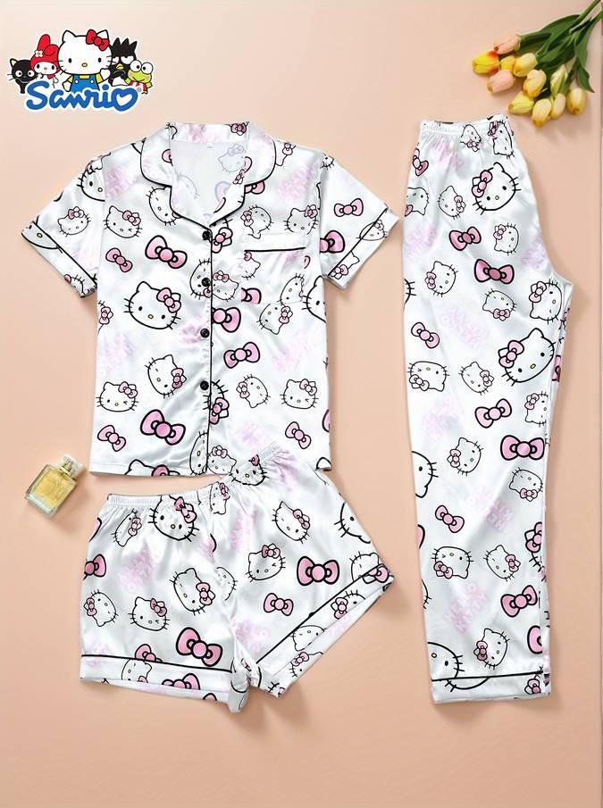 Sanrio HELLO KITTY Youth Pajamas 3-Piece Set – Lapel Buttoned Cardigan Top + Trousers + Shorts