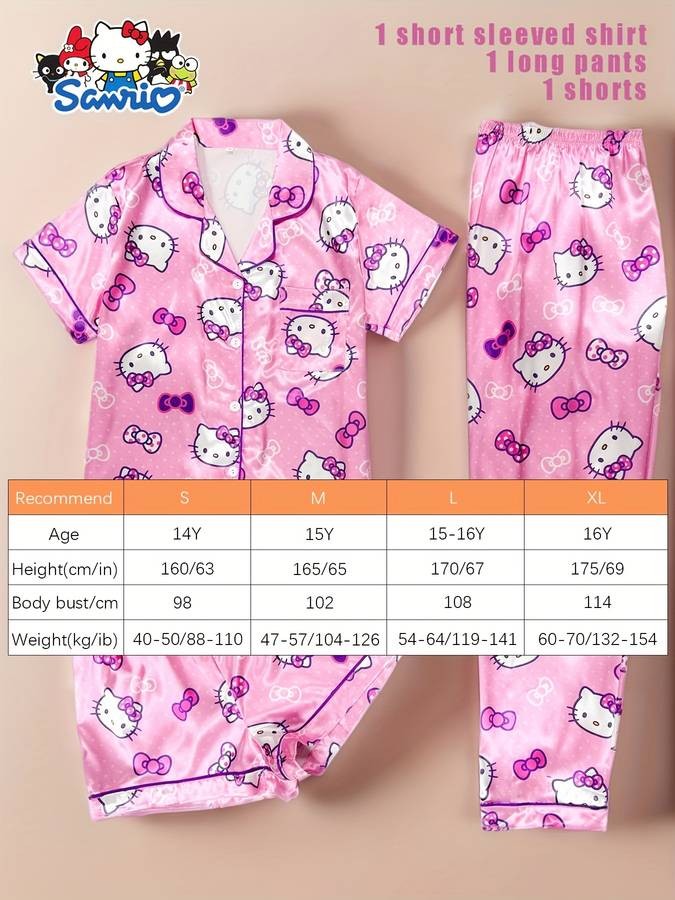 Sanrio HELLO KITTY Youth Pajamas 3-Piece Set – Lapel Buttoned Cardigan Top + Trousers + Shorts