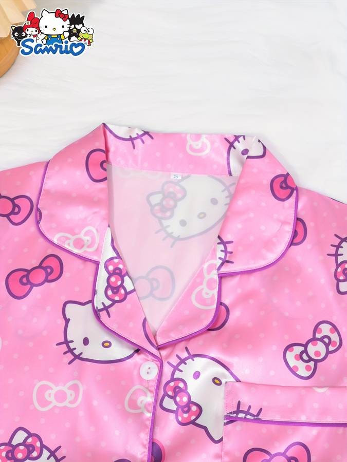 Sanrio HELLO KITTY Youth Pajamas 3-Piece Set – Lapel Buttoned Cardigan Top + Trousers + Shorts