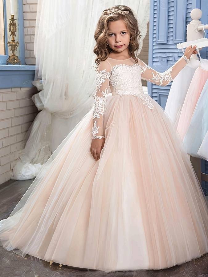 Cute Flower Girl Princess Dress – Long Sleeve Christmas Ball Gown (Front Length Measurement) Elegant Party Dress • Solid Color • Fall/Winter • For Girls 12 & Under